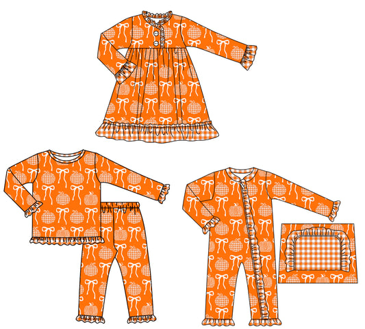 25.7.5 custom each style moq 5eta 4-6week Sibling Sisters pumpkin bow orange baby girl long sleeve pants sets and dress and rompers match family design