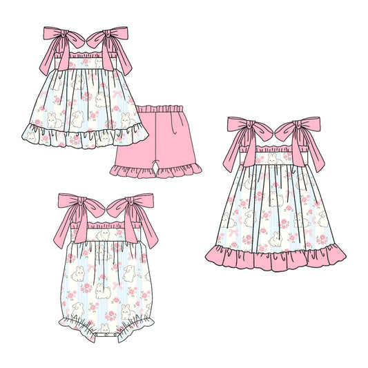 25.10.23 custom each style moq 5 eta 6-8week Sibling Sister bunny floral bow baby short sleeve shorts sets and romper and dress match design