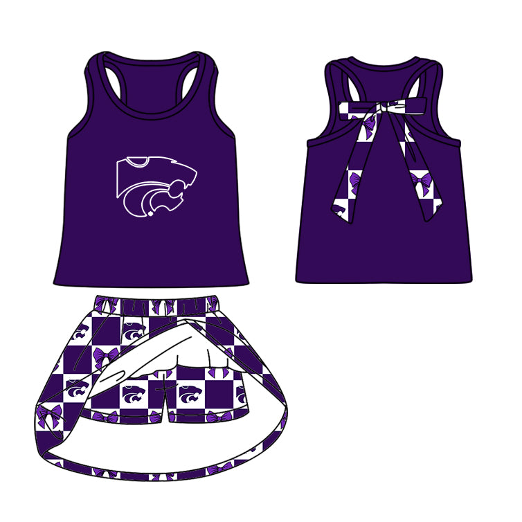 Custom moq 5 mix size milk silk summer teams Purple Checked Bows Baby Girl Sleeveless Top Skirt Short Set Dress And Shorts Yoga Outfit Boy's Top Shorts Set Romper