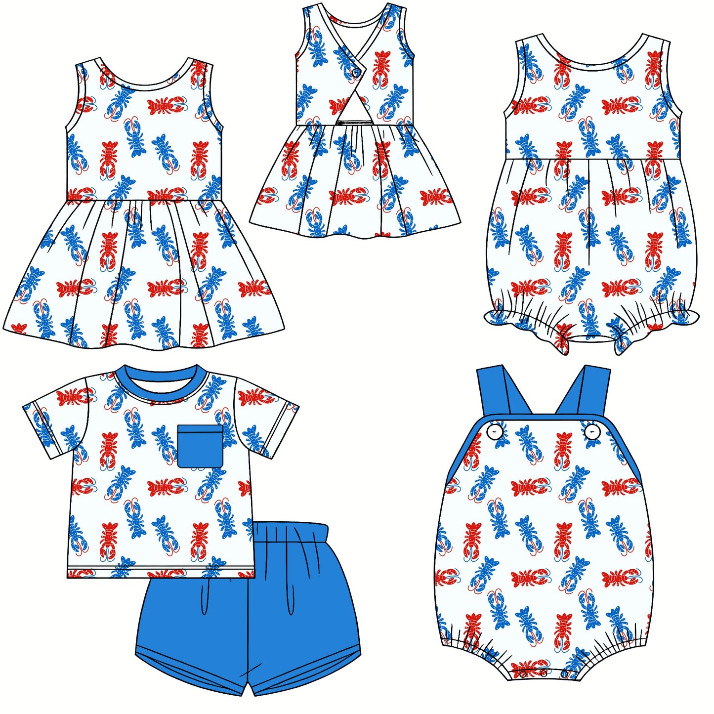 25.12.12 custom each style moq 5 eta 6-8week Sibling Sister lobsters baby short sleeve shorts sets and dress and romper 2 match design