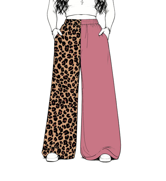 custom moq 5 mix size Baby Kids Muted Rose Leopard Patchwork Print Team Flare Pants Casual Bottom