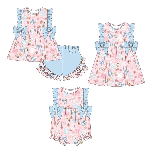 Custom moq 5 mix size Sibling Baby Girl's pink Easter  Sleeveless Top And Shorts Set Cute Romper Dress for Summer