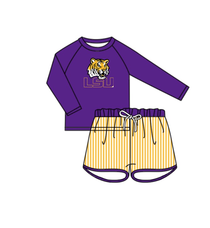 Custom moq 5 mix size milk silk summer teams baby girl boys clothes Purple Two-Piece Swimsuit Set One Piece Swimsuits boy swim trunks