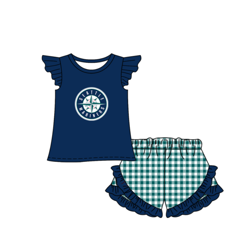 Custom moq 5 mix size milk silk summer teams Baby Boys And Girls Navy Blue Short-Sleeved Shirt And Checked Shorts Set Matching Striped Rompers Outfit Set