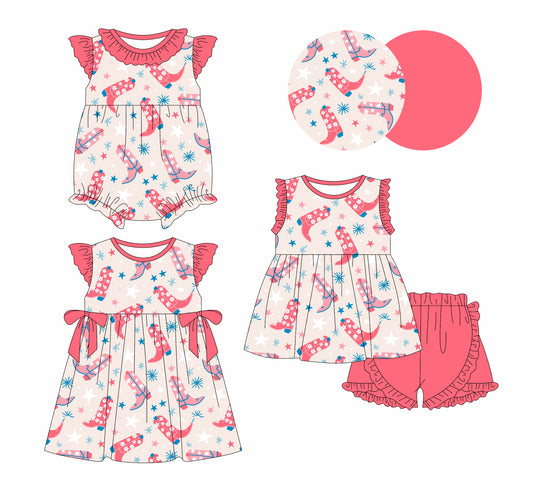 2.11 custom each style moq 5eta 4-6week Sibling Sisters boots baby girl short sleeve shorts sets and dress and rompers match family design