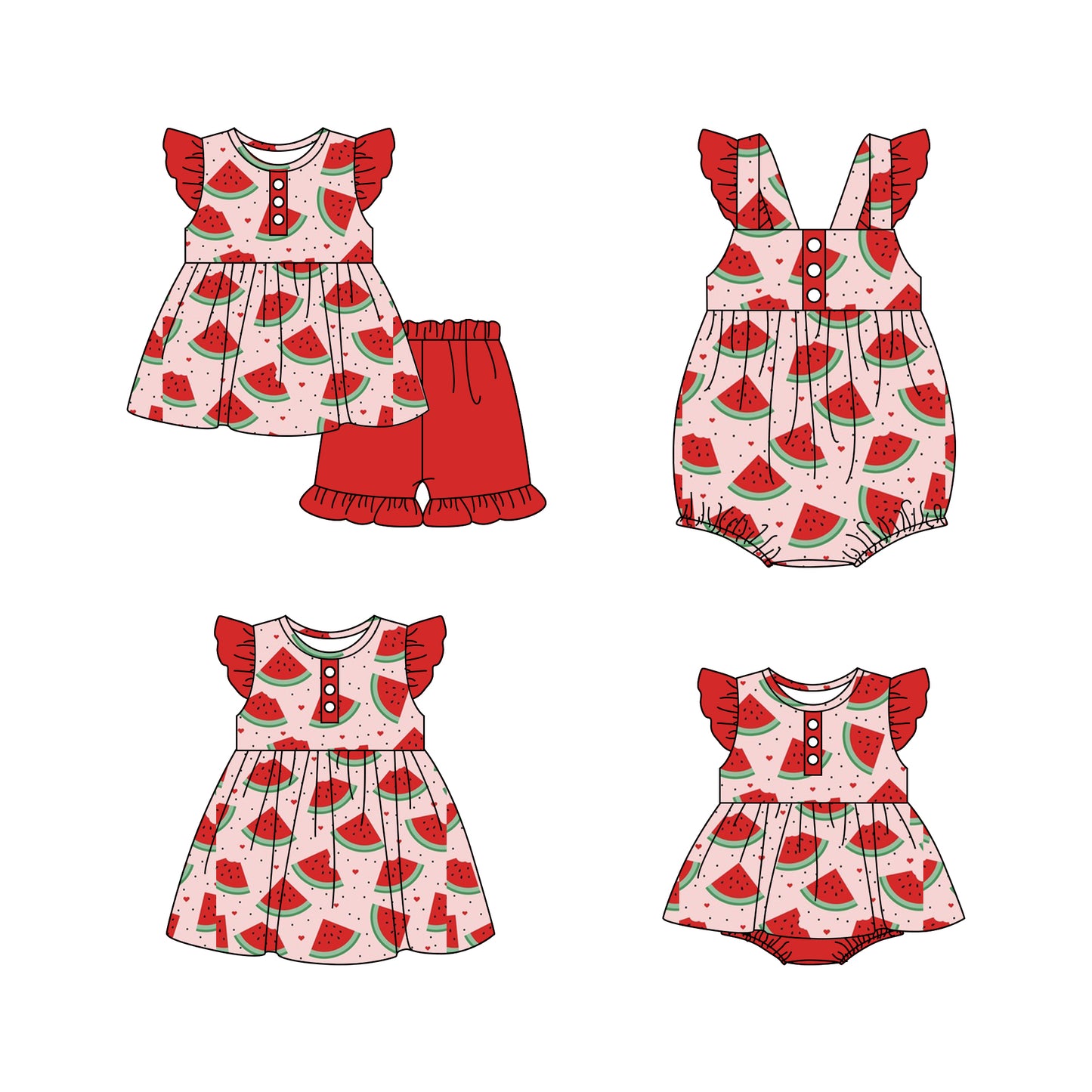11.18 custom each style moq 5eta 4-6week Sibling Sister watermelon baby girl short sleeve shorts sets and girls romper and boy romper and dress match design