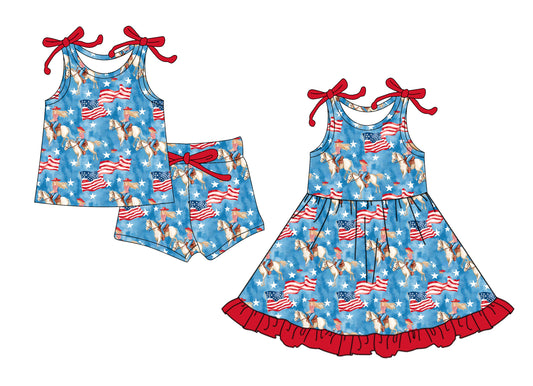 4.17 custom each style moq 5eta 4-6week Sibling Sister flag riding horse baby girl short sleeve shorts sets and dresses match design