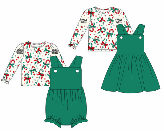25.5.29 custom each style moq 5eta 4-6week Sibling Sisters Christmas bow green baby girls short sleeve dress and short sleeve rompers and top 1 and top 2 match family design