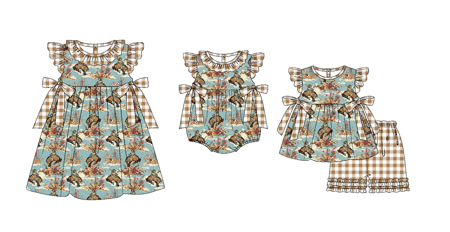 11.20 custom each style moq 5eta 4-6week Sibling Sister bow riding horse baby girl short sleeve shorts sets and dress and rompers match family design