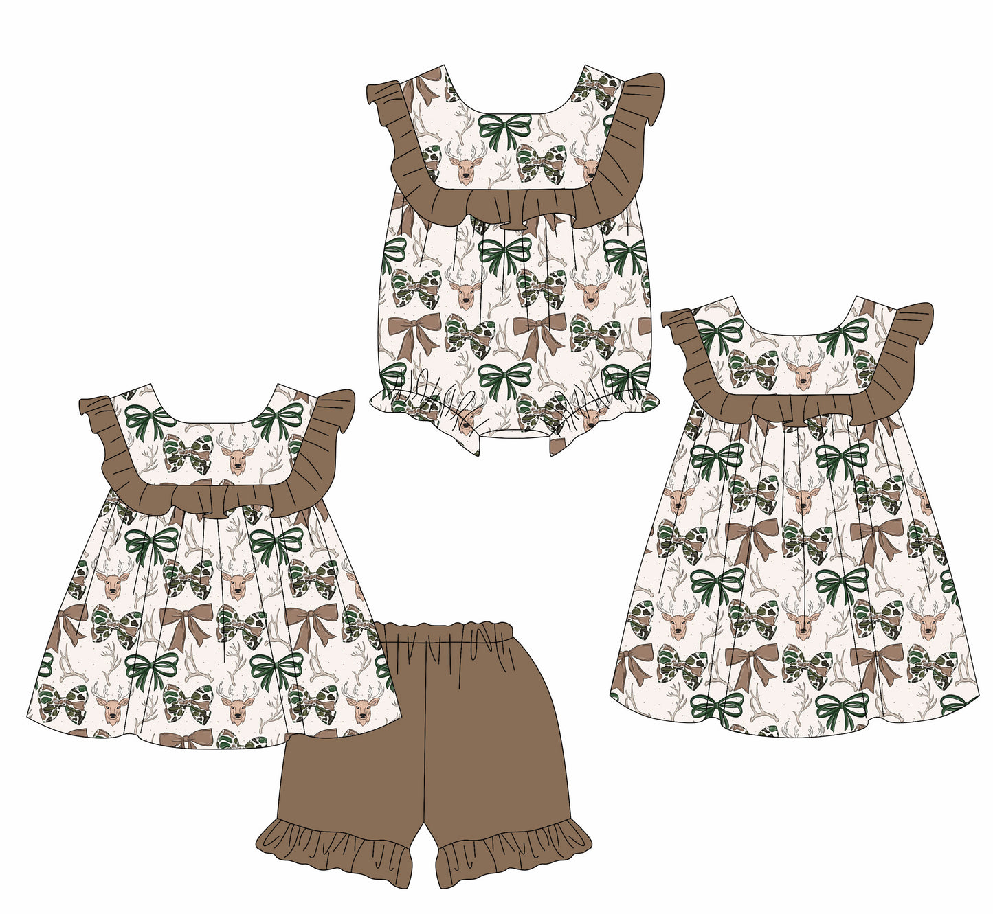3.26 Custom moq 5 mix size Sibling Baby Girl's Camouflage Bow Duck Sleeveless Tunic Brown Shorts Set Cute Romper Dress for Summer