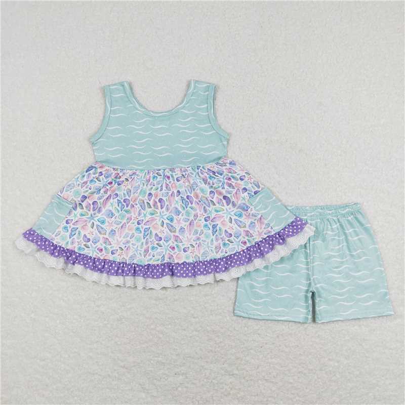 Baby Kids ocean starfish conch prints green Sibling Rompers Clothes Set