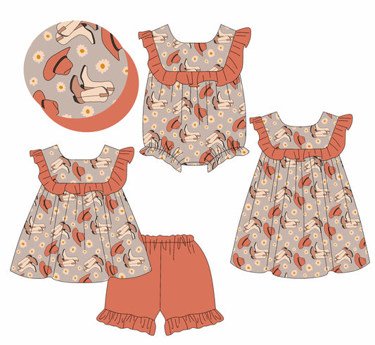 3.26 custom each style moq 5eta 4-6week Sibling Sisters boot hat baby girl short sleeve shorts sets and dress and rompers match family design