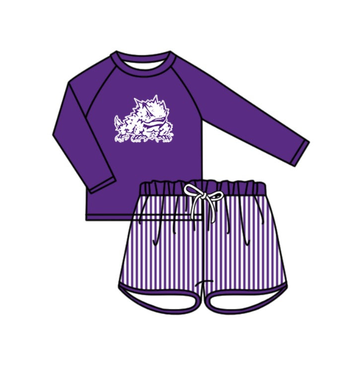 Custom moq 5 mix size milk silk summer teams baby girl boys clothes Purple Two-Piece Swimsuit Set One Piece Swimsuits boy swim trunks