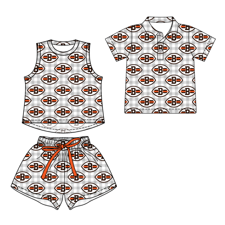 Custom moq 5 mix size milk silk summer teams Girls Grey Checked Top And Drawstring Short Sets Boys Checked Short Sleeve  Button Polo Shirt Top