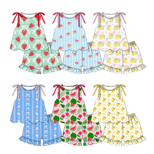 3.17 Custom moq 5 mix size Sibling Baby Girls Fruit Print Scallop Top Ruffle Shorts Clothes Set