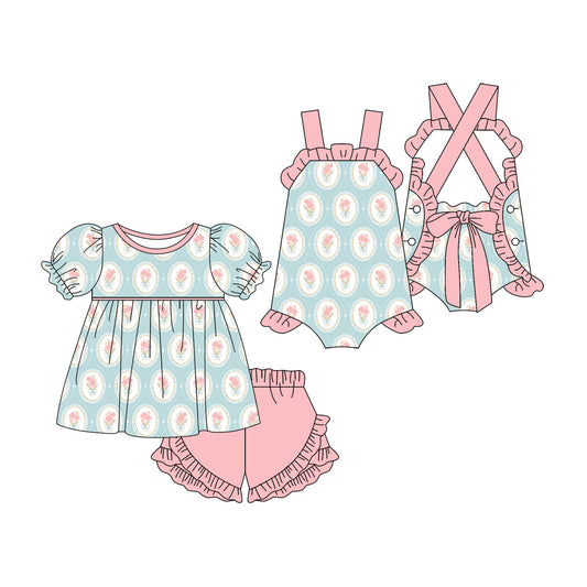 3.11 Custom moq 5 mix size Sibling Baby Girl's Short Sleeves Top And Pink Ruffle Short Set Cute Romper for Summer