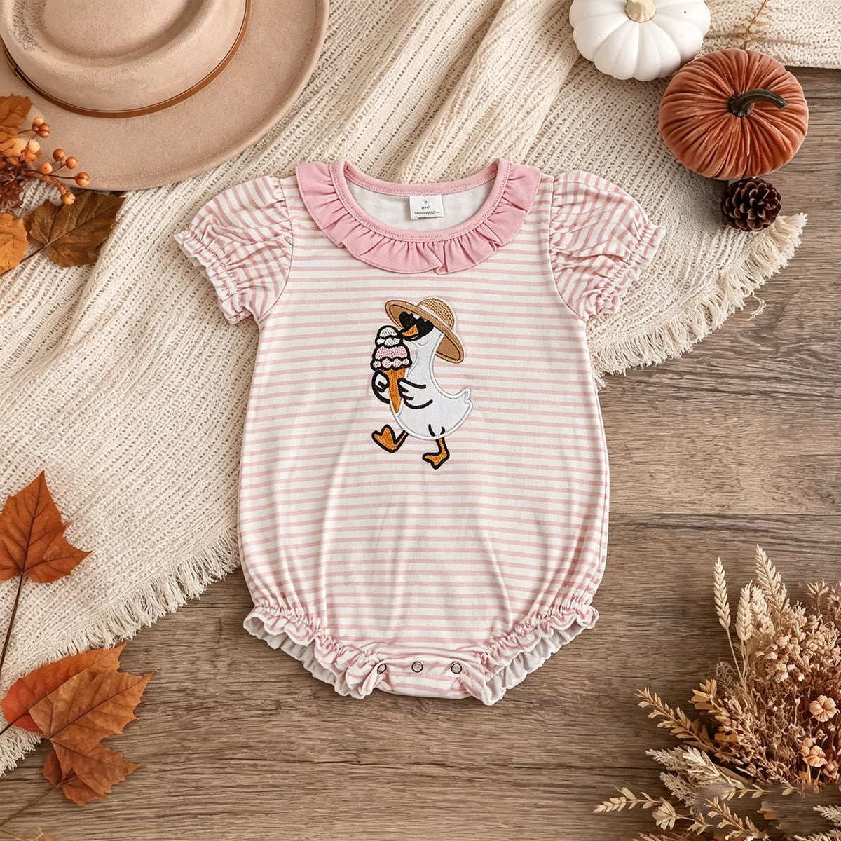 NEW RTS NO MOQ milk silk SR4101 Embroidery Baby Girls Cute Ice Cream And Goose Pink Stripe Ruffle Rompers
