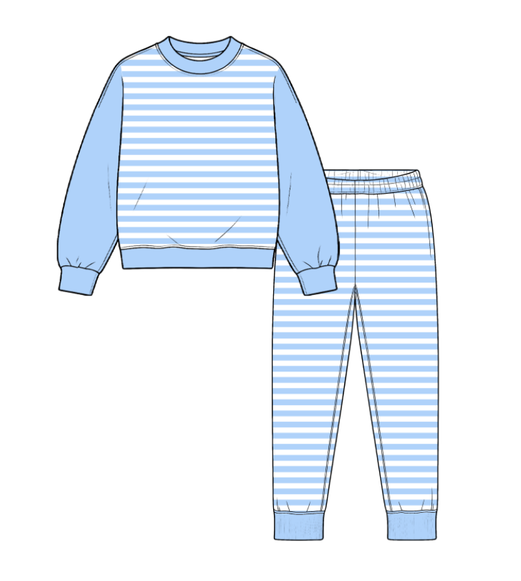 custom moq 5 mix size Baby Kids Light Blue White Stripe Long Sleeve Crew Neck Top And Jogger Pants Casual Outfit Set