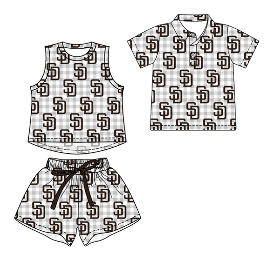 Custom moq 5 mix size milk silk summer teams Grey Checked Girls Sleeveless Top And Short Sets Boys Short Sleeve Button Polo Shirt Top