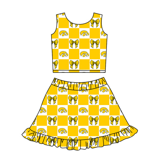 Custom moq 3 or 5 mix size milk silk summer teams baby girl clothes bow yellow sleeveless skirts sets-26.1.21