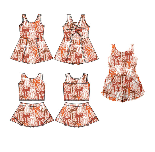 3.19 custom each style moq 5eta 4-6week Sibling Sister bow baby girls clothes Short sleeve yoga dress 1 and dress 2 and jumpsuit match family design