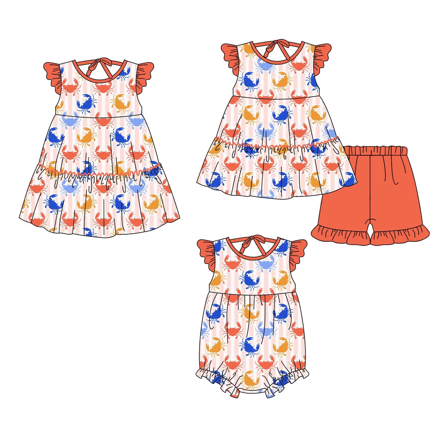 3.23 Custom moq 5 mix size Sibling Baby Girl's Flutter Sleeve Tunic Shorts Set Cute Romper Dress for Summer
