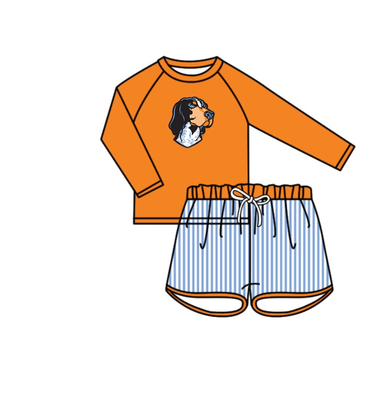 Custom moq 5 mix size milk silk summer teams baby girl boys clothes Orange Two-Piece Swimsuit Set One Piece Swimsuits boy swim trunks