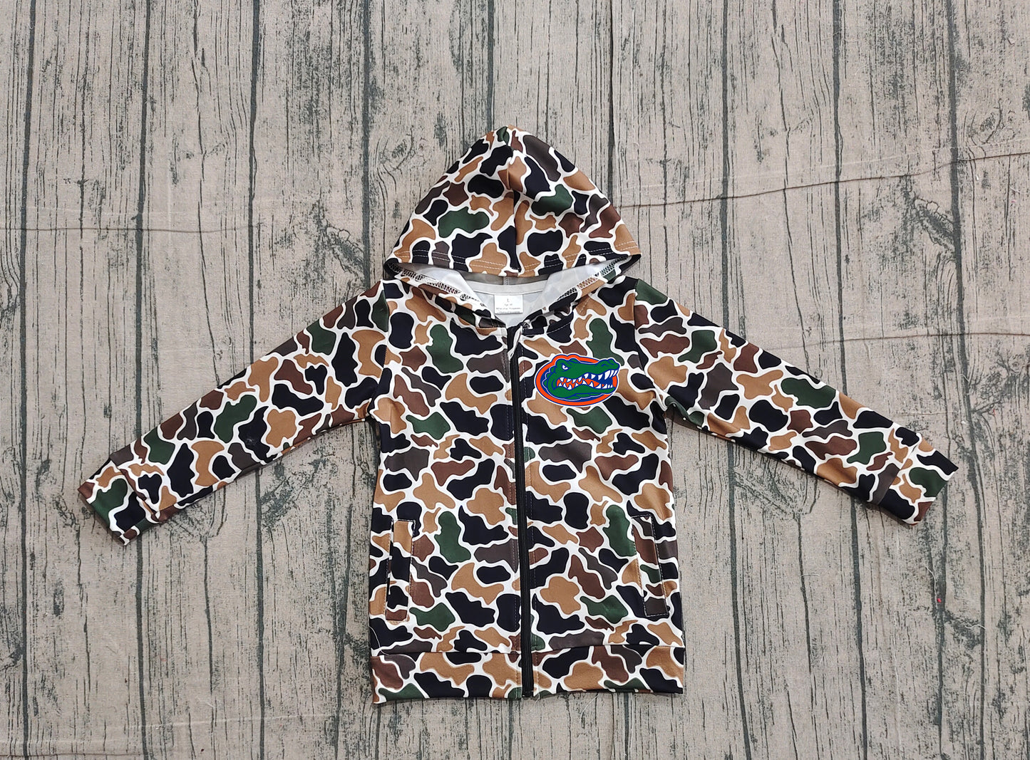 Custom moq 5 mix size milk silk baby boys clothes team summer camouflage zipper hooded long sleeve top-25.11.22
