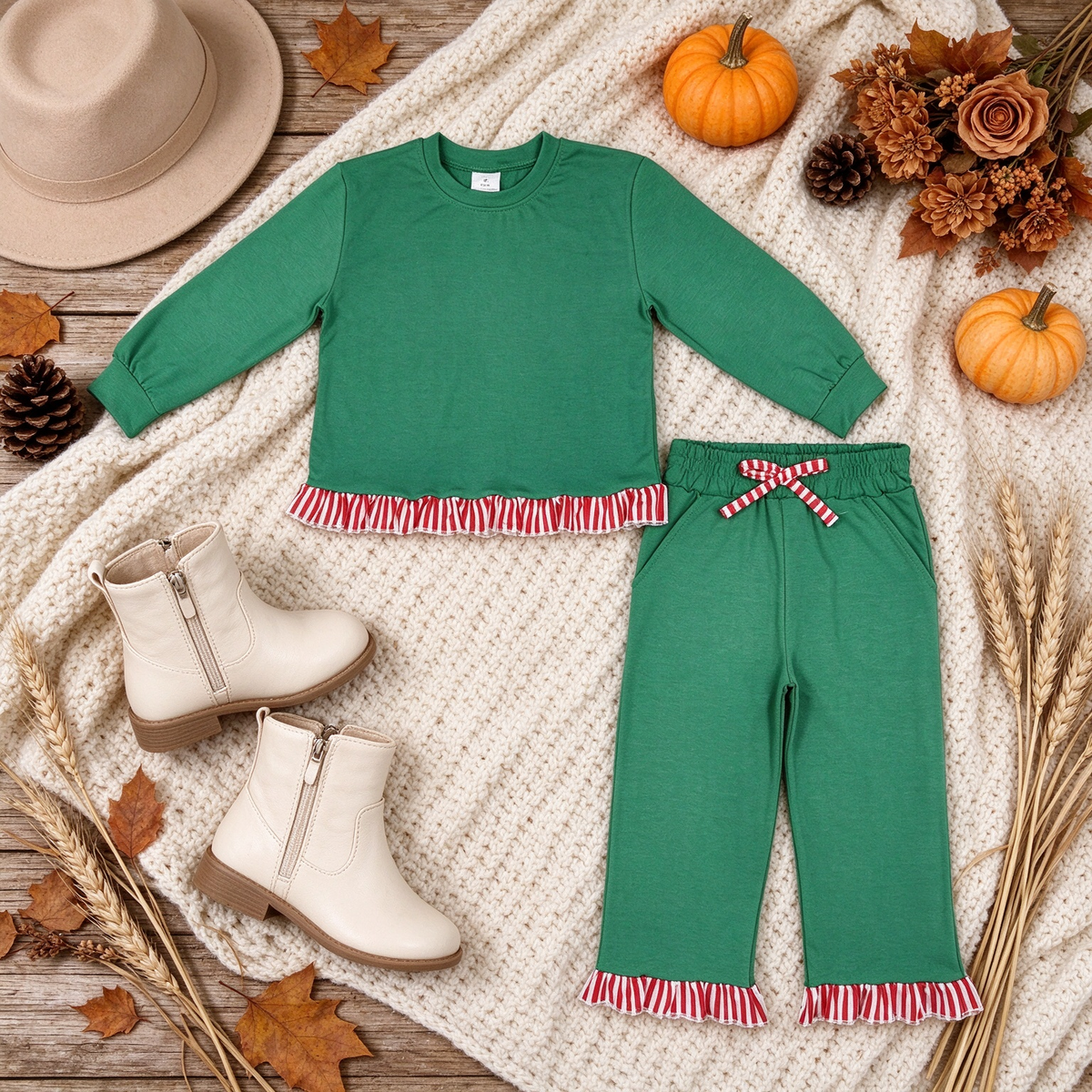 NEW RTS NO MOQ cotton GLP3908（GT1936+P1254）Baby Girls Solid Green Long Sleeve Top With Ruffle Pant Clothes Set