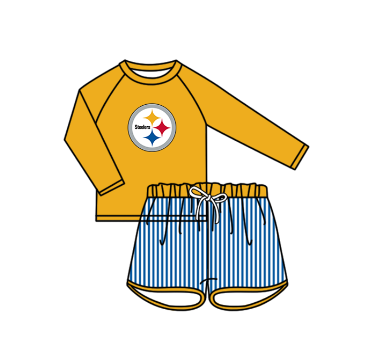 Custom moq 5 mix size milk silk summer teams baby girl boys clothes Yellow Two-Piece Swimsuit Set One Piece Swimsuits boy swim trunks
