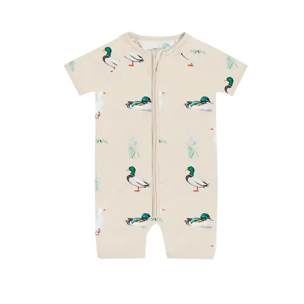 5.16custom each style moq 5eta 4-5week Sibling Sister duck print beige boys outfits and baby romper match family design