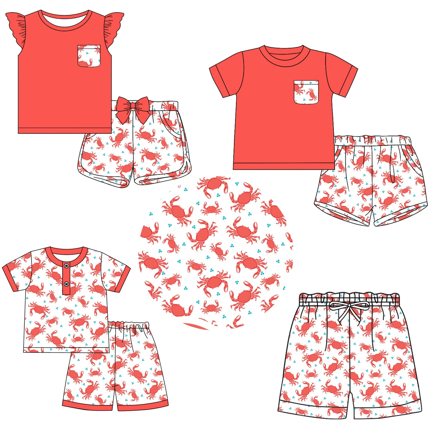 11.9 custom each style moq 5eta 4-6week Sibling Sister crab baby girl short sleeve shorts sets 1 and sets 2 and sets 3 and boy swim trunk match design
