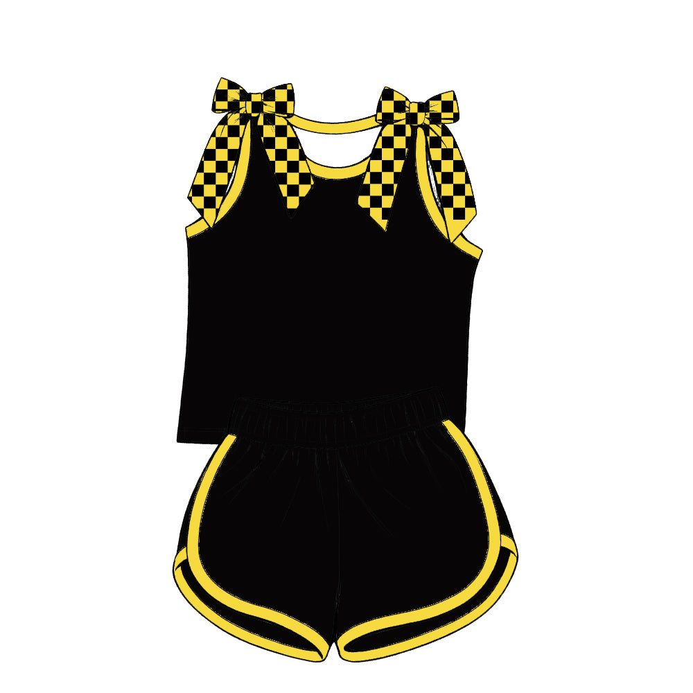 custom moq 5 mix size Baby Girls Yellow Black Checked Bow Sleeveless Top Shorts Summer Casual Outfit Set