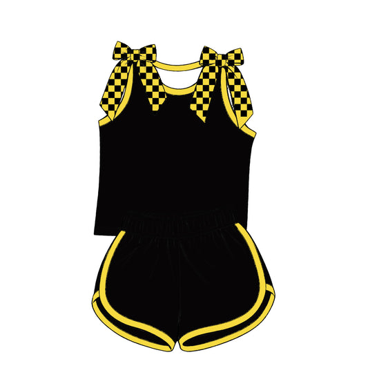 custom moq 5 mix size Baby Girls Yellow Black Checked Bow Sleeveless Top Shorts Summer Casual Outfit Set