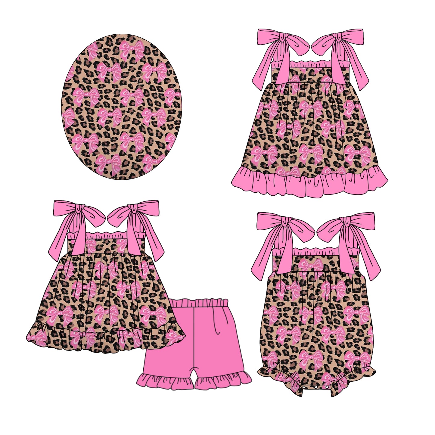 11.21 custom each style moq 5eta 4-6week Sibling Sister bow leopard baby girl short sleeve shorts sets and dress and rompers match family design