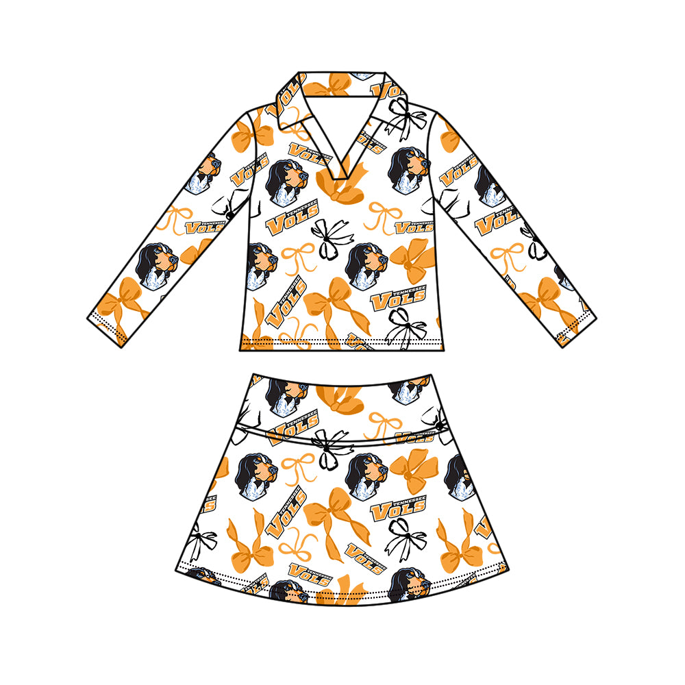 Custom moq 5 mix size summer teams Girls Polka Dot Top Shorts Set Orange Bows Top Skirt Short Set Zipper Pullover Pants Set