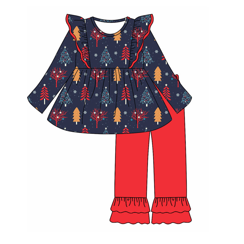 6.23 custom each style moq 5eta 4-6week Sibling Sister Christmas trees navy blue baby boys sets and dress and rompers match family design