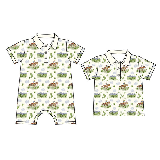 4.14  Custom moq 5 mix size Sibling Baby Boy's Rodeo Short-Sleeved Polo Shirt Romper Outfit