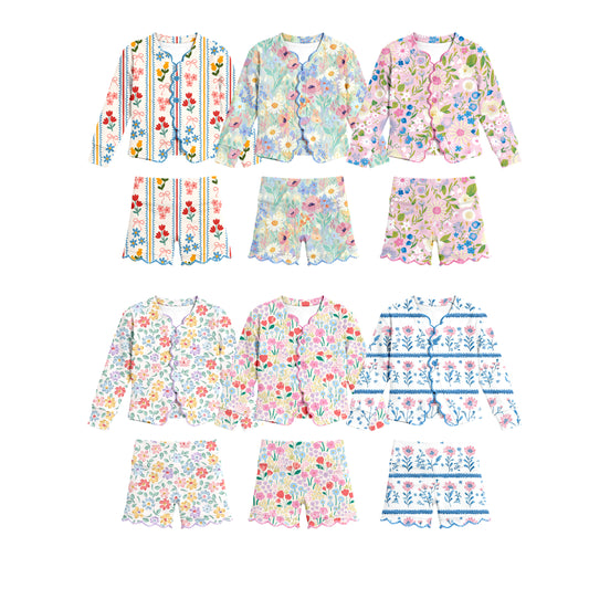 Custom moq 5 mix size Sibling Floral print Long-Sleeved Yoga Set for Baby Girls Top And Shorts Outfit