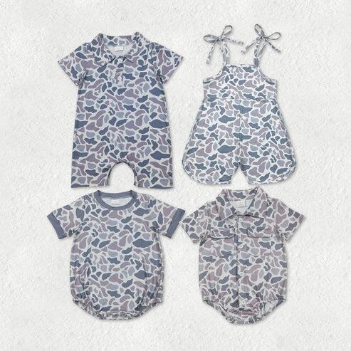 RTS NO MOQ Sibling Baby Boys Girls Light Grey Camouflage Romper Jumpsuit Infant Clothing