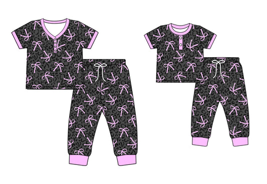 12.25 custom each style moq 5eta 4-6week Sibling Sister leopard bow baby girls short sleeve pants sets and adult sets match design