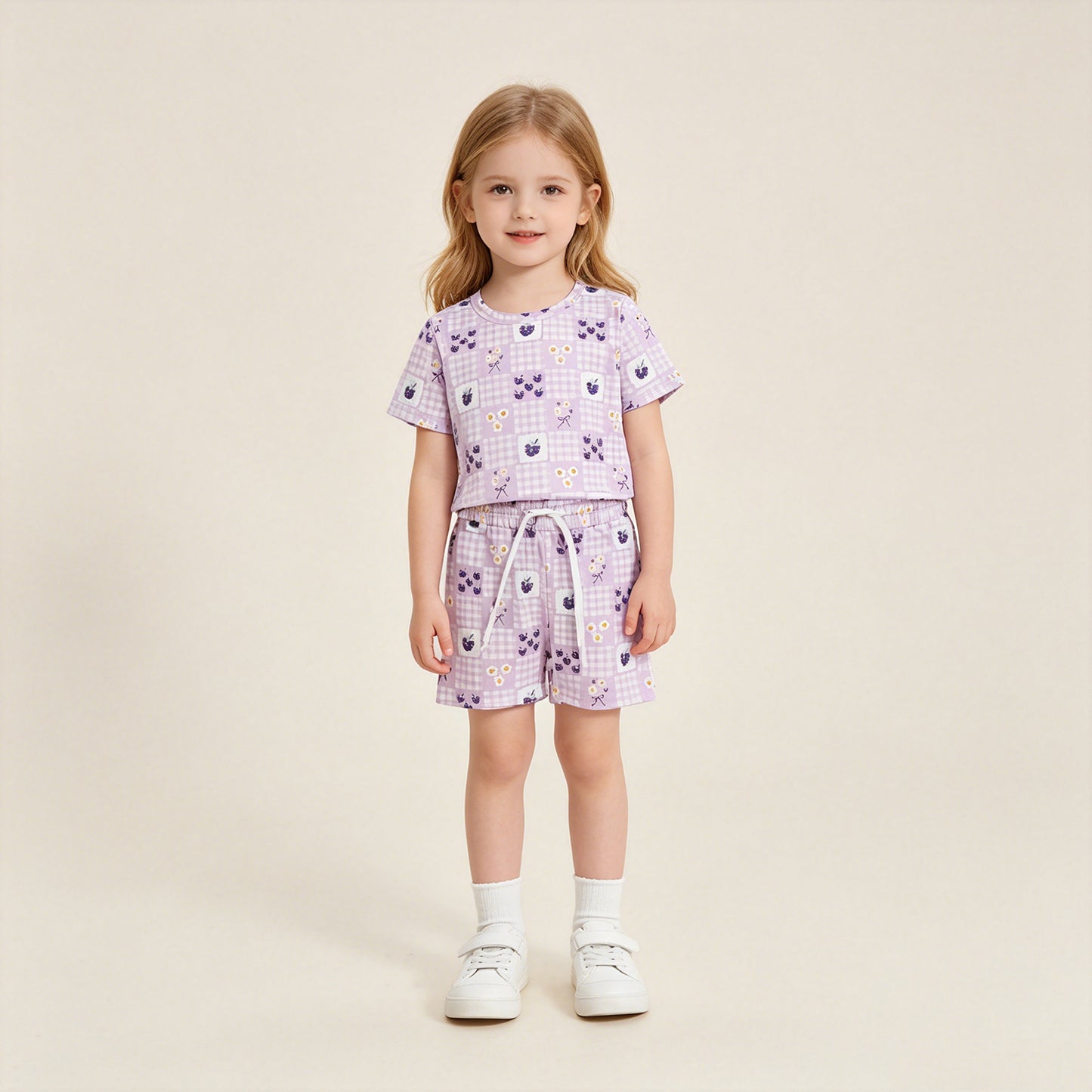 RTS NO MOQ milk silk GSSO3647 Purple Check Floral Short Sleeve Top Short Set