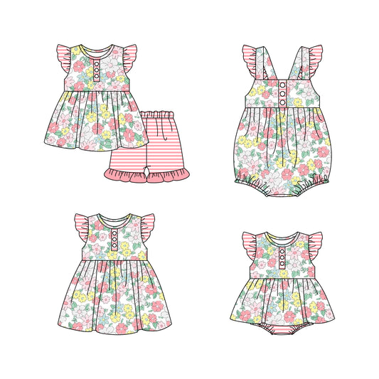 11.16 custom each style moq 5eta 4-6week Sibling Sister floral baby girl short sleeve shorts sets and girls romper and boy romper and dress match design