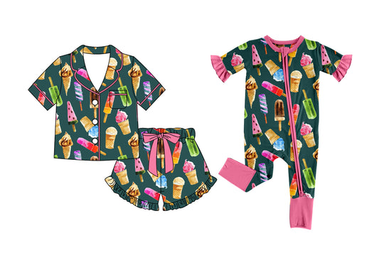 2.27 Custom moq 5 mix size Sibling Green Short-Sleeved Pajamas And Shorts Set Romper for Baby Girls Comfortable Sleepwear