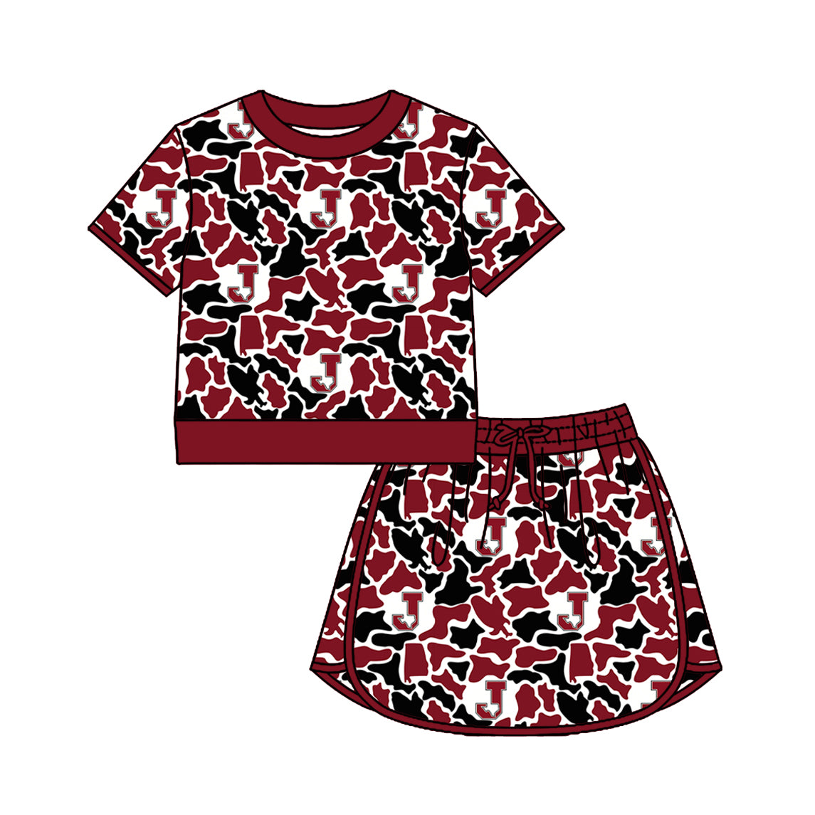 Custom moq 5 mix size summer teams Baby Girls Short Sleeved Camouflage Top And Skirt Set