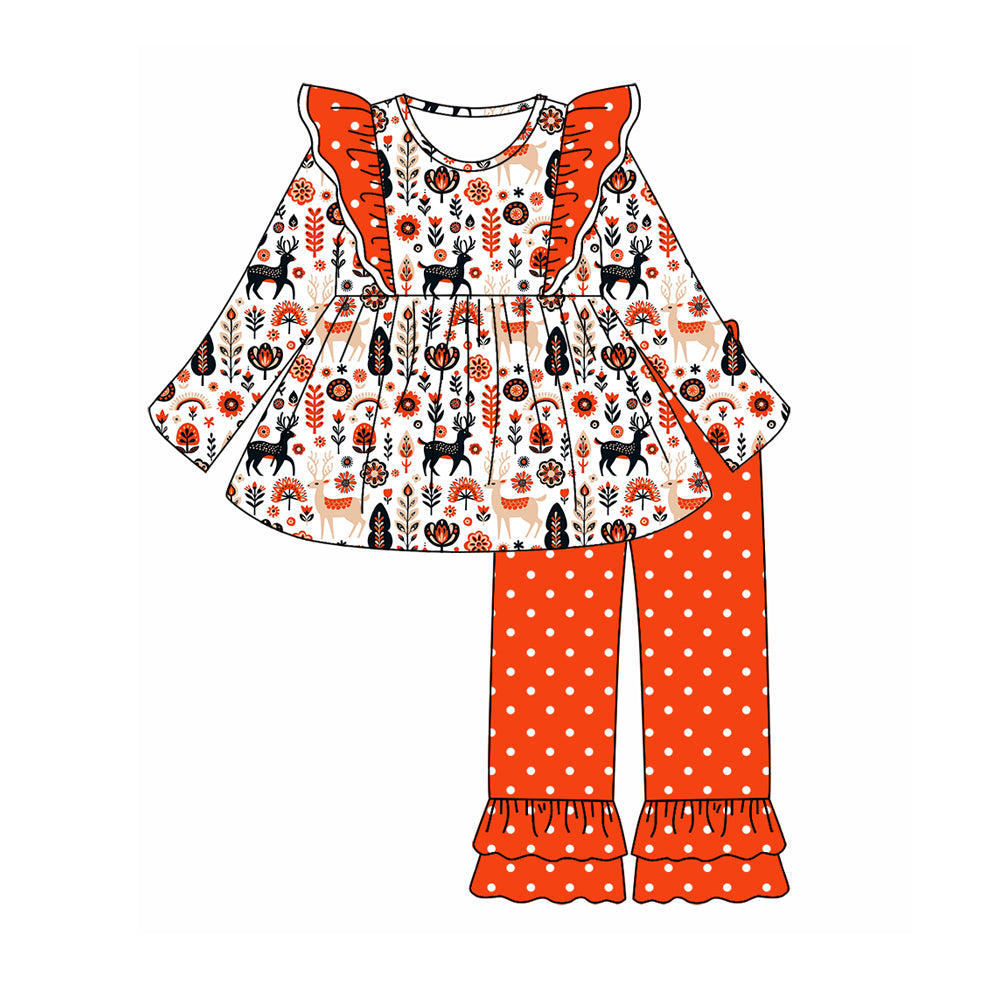 7.9 custom each style moq 5eta 4-6week Sibling Sister Christmas deer floral orange baby girls sets and dress and rompers match family design