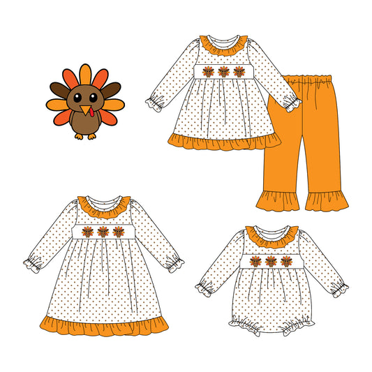 25.7.17 custom each style moq 5eta 4-6week Sibling Sisters turkey baby girl long sleeve pants sets and dress and rompers match family design