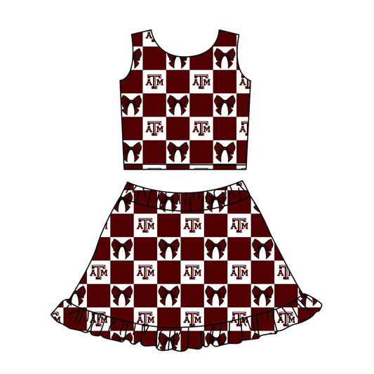 Custom moq 3 or 5 mix size milk silk summer teams baby girl clothes bow dark red sleeveless skirts sets-26.1.20
