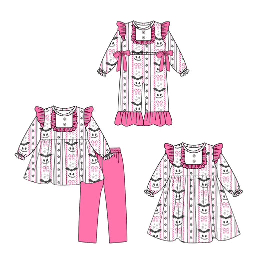 25.8.8 custom each style moq 5eta 4-6week Sibling Sisters ghost bat bow baby girl long sleeve pants sets and dress and rompers match family design