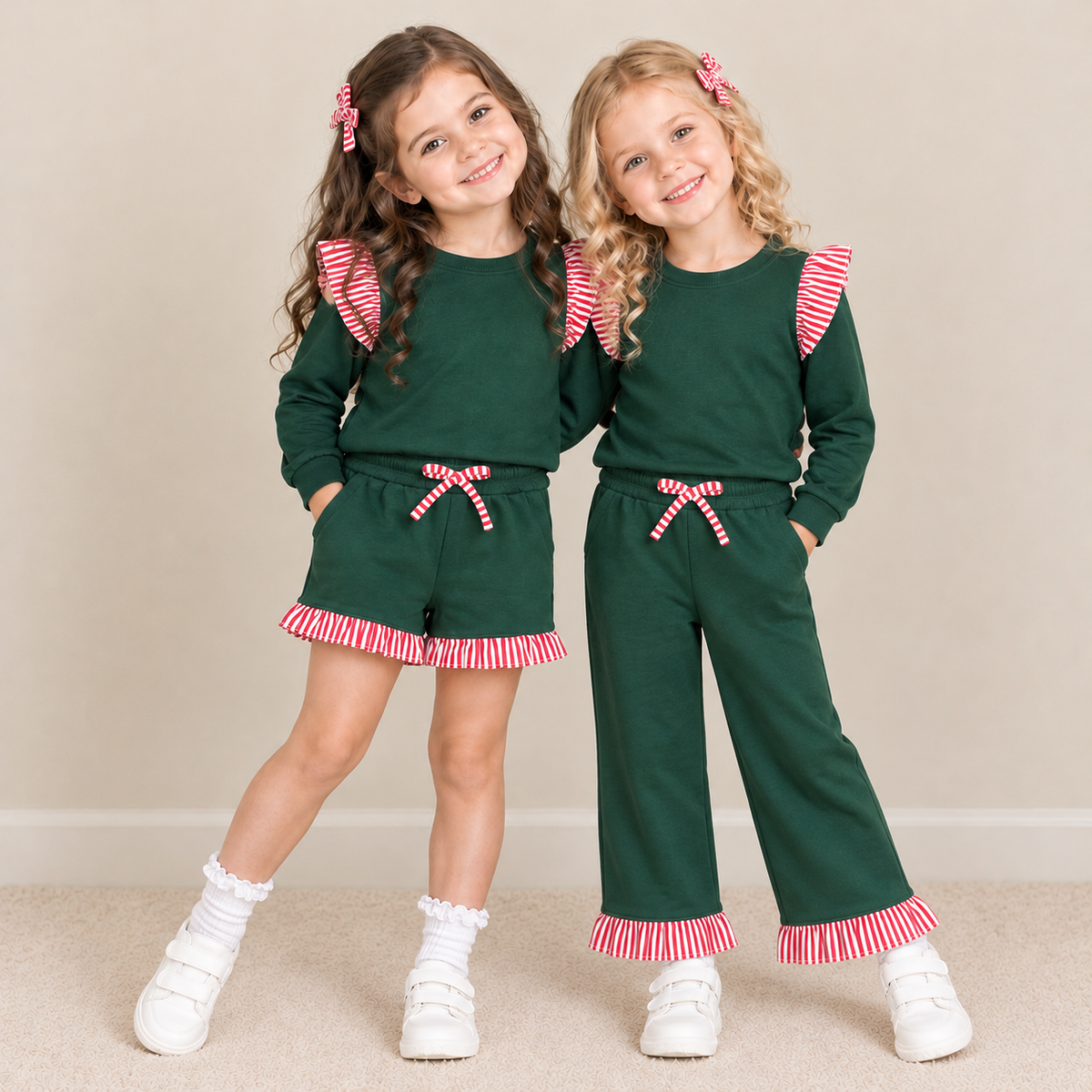 RTS NO MOQ Sibling milk silk Baby Girls Christmas Green Stripe Ruffle Long Sleeve Top Pant Short Set